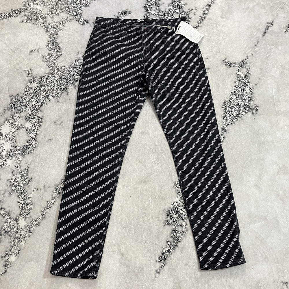 Karl Lagerfeld Logo Stripe Jeans Womens 30 us 10 Black Straight Leg Monogram NWT